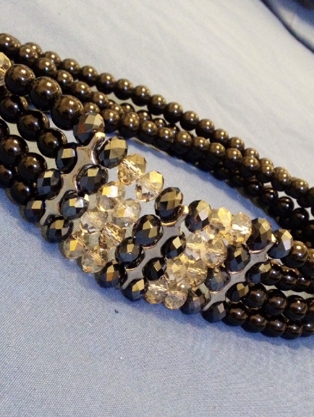 Black Beaded Multi-Strand Necklace with Clear Crystal Accent